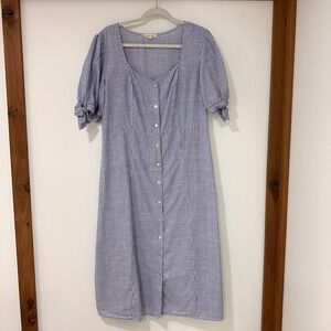 Parallel Skies Striped Button Front Midi Dress Womens L Blue White Tie Sleeve